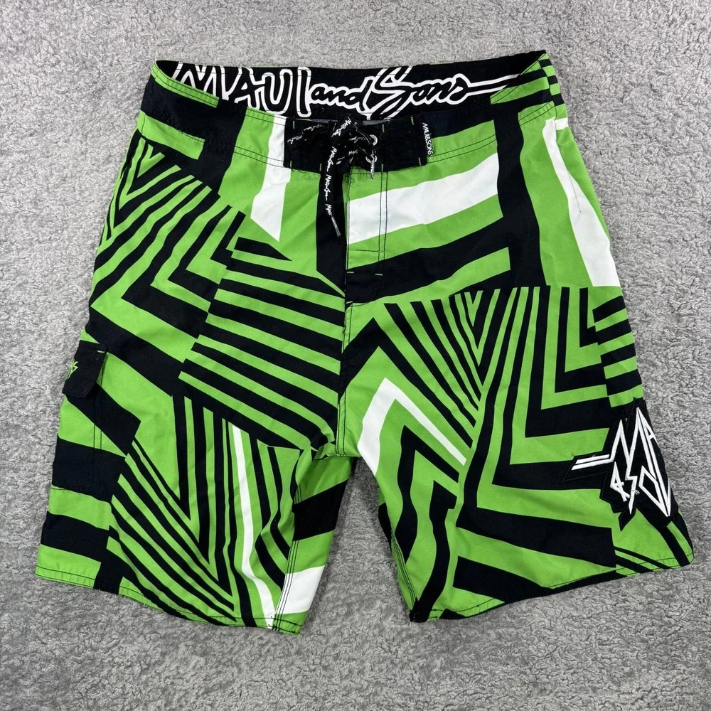 Maui and Sons Mens Size 36 Green Black Geometric Dazzle Board Shorts Swim Trunks